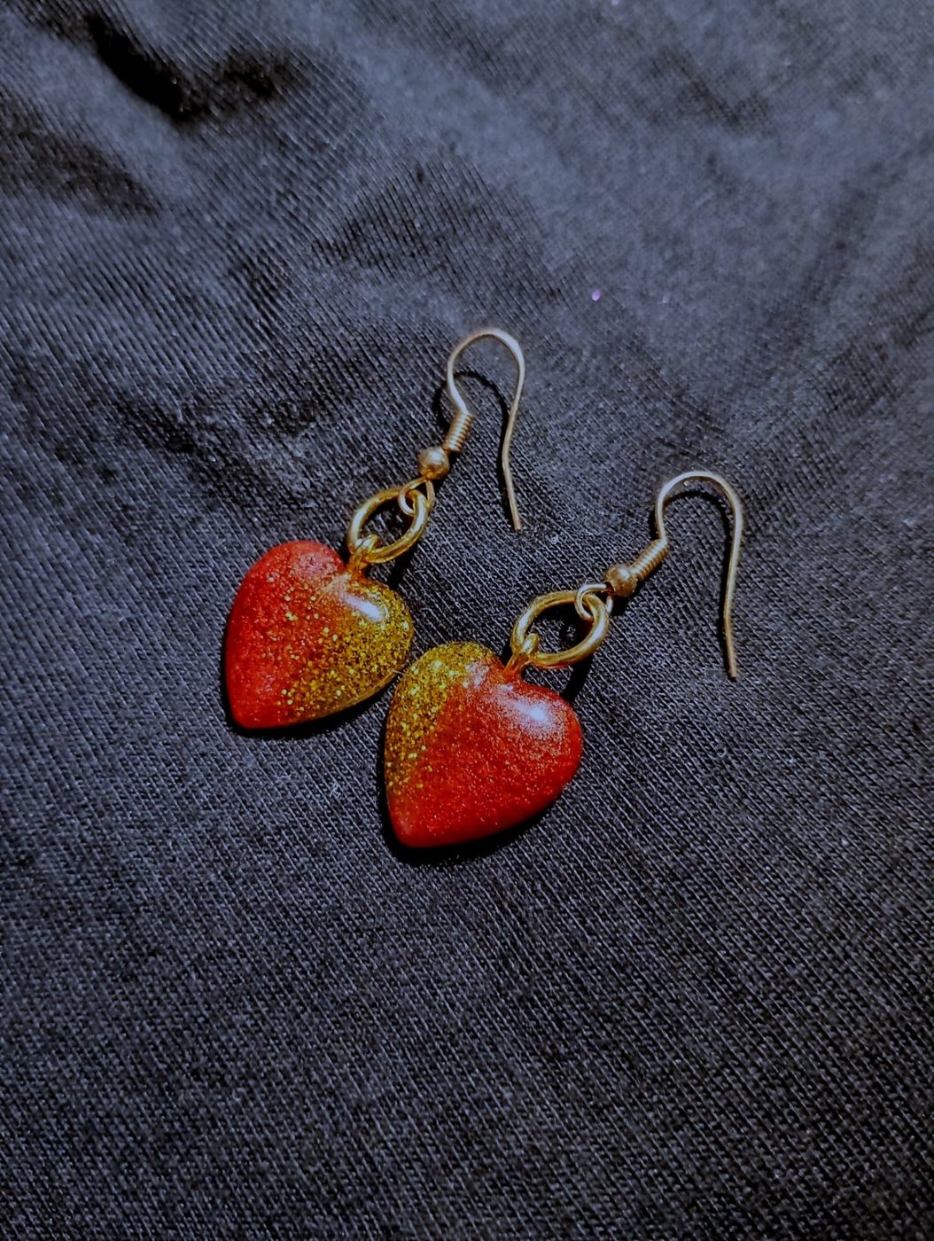 Red and gold handmade resin heart earrings